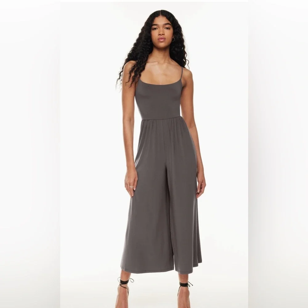 ARITZIA WILFRED Market Jumpsuit Grey Crop Wide-Leg Straight Neck Jersey Knit XL - Picture 1 of 16